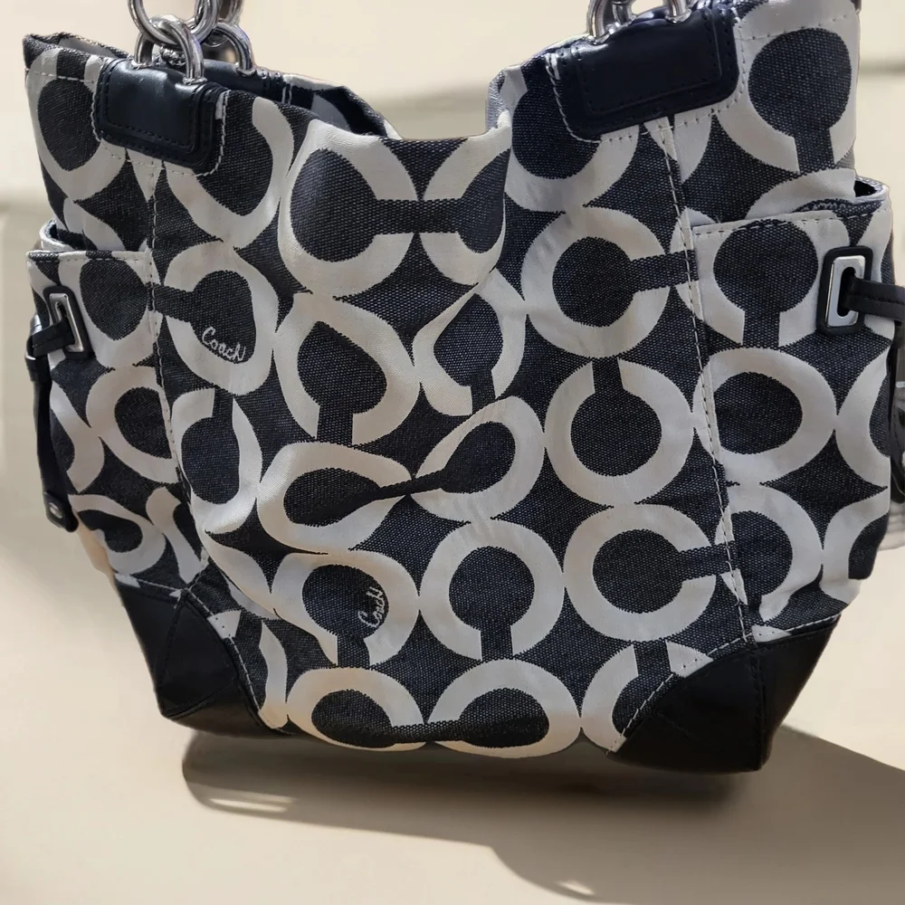 Coach Peyton Opt Art C Denim Drawstring Hobo Tote Bag.